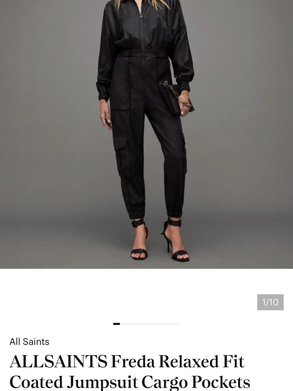 All Saints Black Coated Cargo Jumpsuit